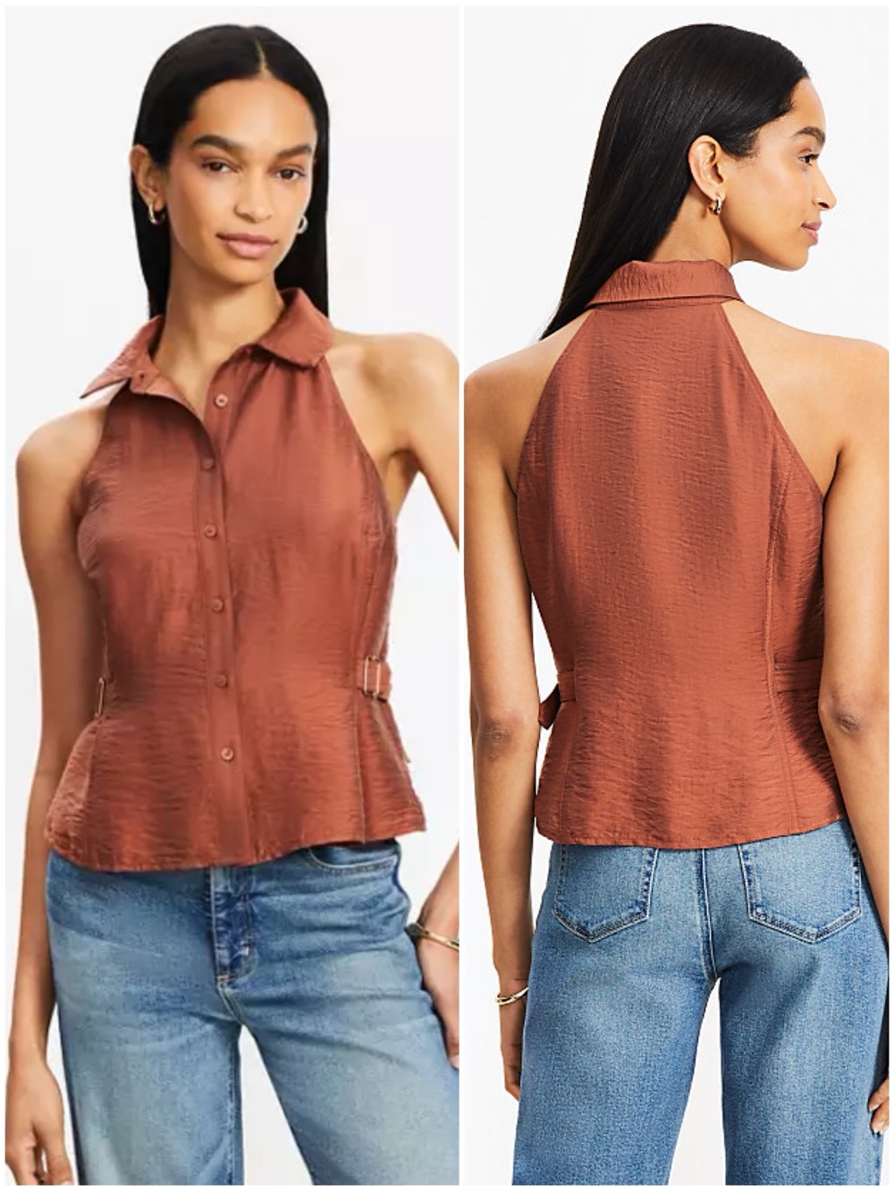 LOFT Women’s Size S Intense Copper Belted Cutaway Button Front Collared Vest Top